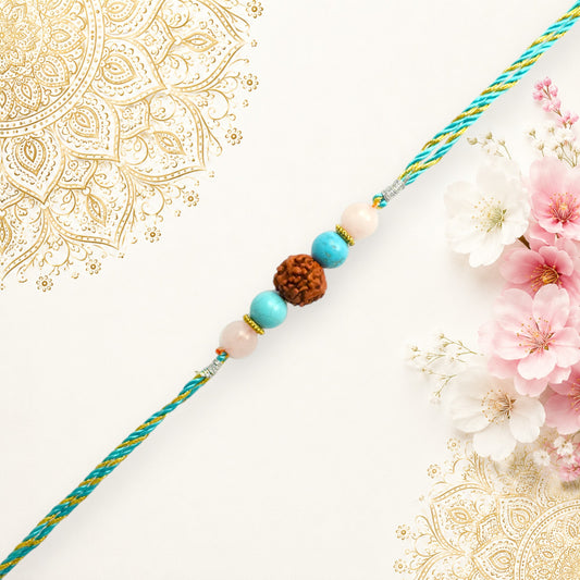 Crystals Rakhi (Rose Quartz + Turquoise + Rudraksha) Rakhi for Brother