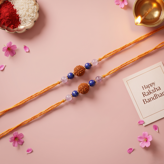 Crystals Rakhi (Rudraksha + Lapis Lazuli + Amethyst) Rakhi for Brother