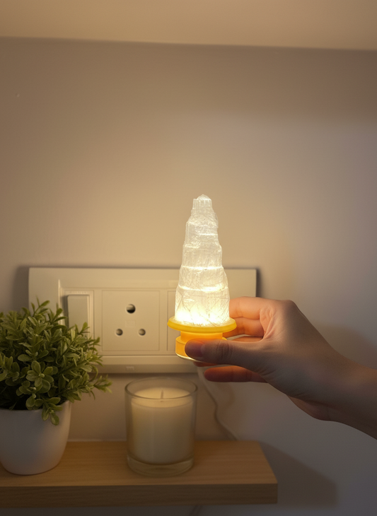 Selenite Tower Lamp salt lamp in pink, green - Gemoline