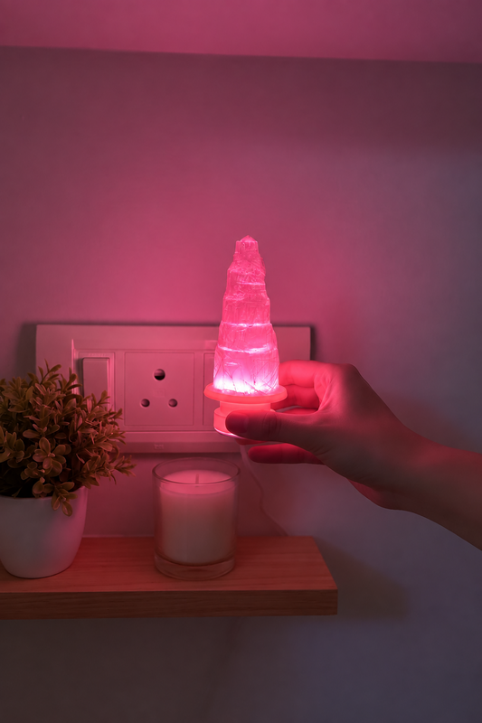 Selenite Tower Lamp salt lamp in pink, green - Gemoline - image 3