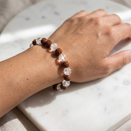 5 Mukhi Rudraksha & Sphatik Bracelet 8 MM Beads