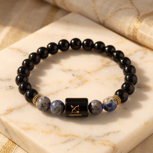 Sagittarius Zodiac Black Obsidian & Lapis Lazuli Bracelet - Gemoline
