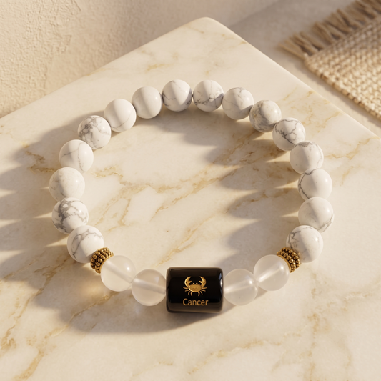 Cancer Zodiac Howlite & Clear Quartz Bracelet - Gemoline