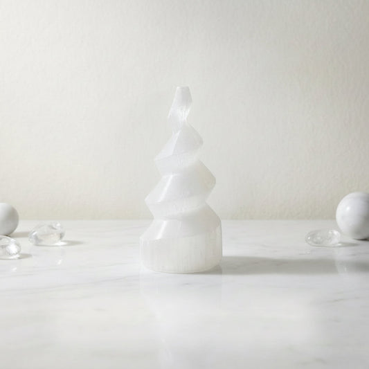 Selenite Spiral Tower - 10.16 cm Handcrafted Crystal for Reiki, Healing