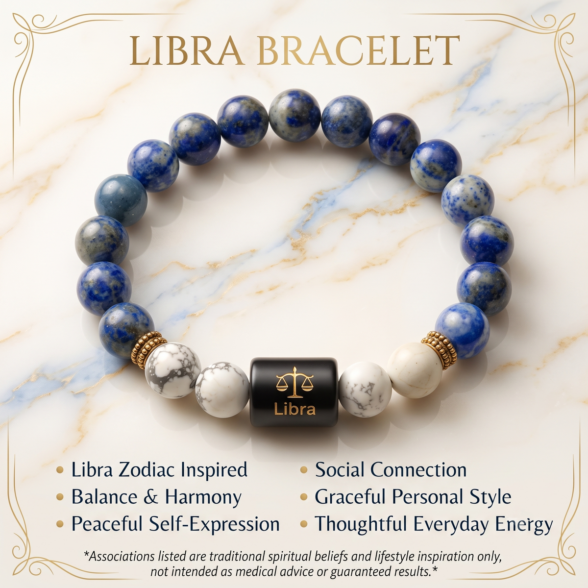 Libra Zodiac Lapis Lazuli & Howlite Bracelet - Gemoline - image 2