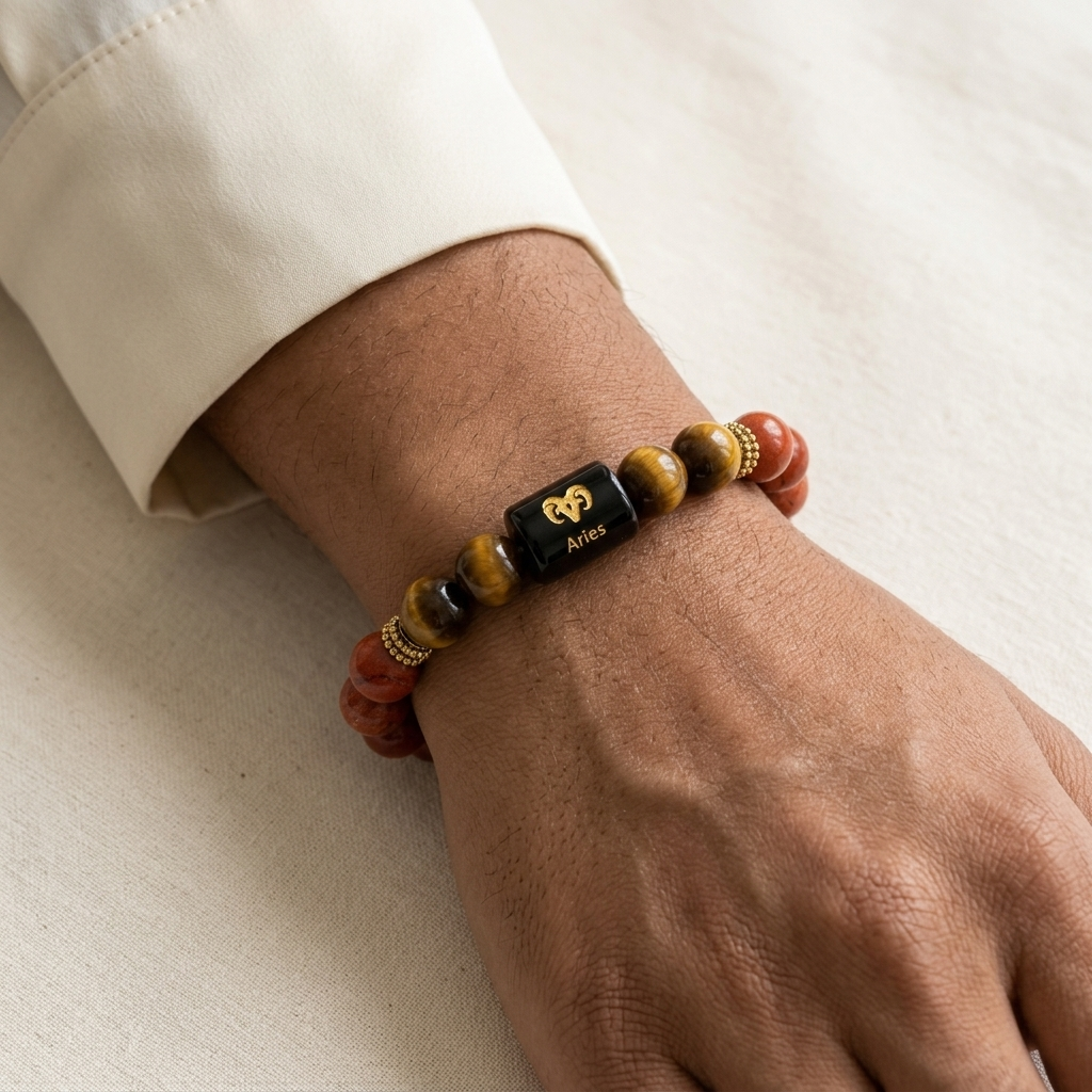 Aries Zodiac Red Jasper & Tiger Eye Bracelet - Gemoline - image 3