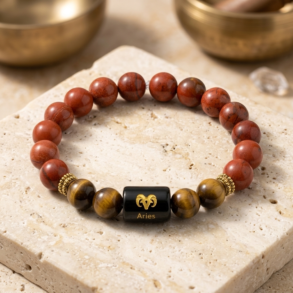 Aries Zodiac Red Jasper & Tiger Eye Bracelet - Gemoline