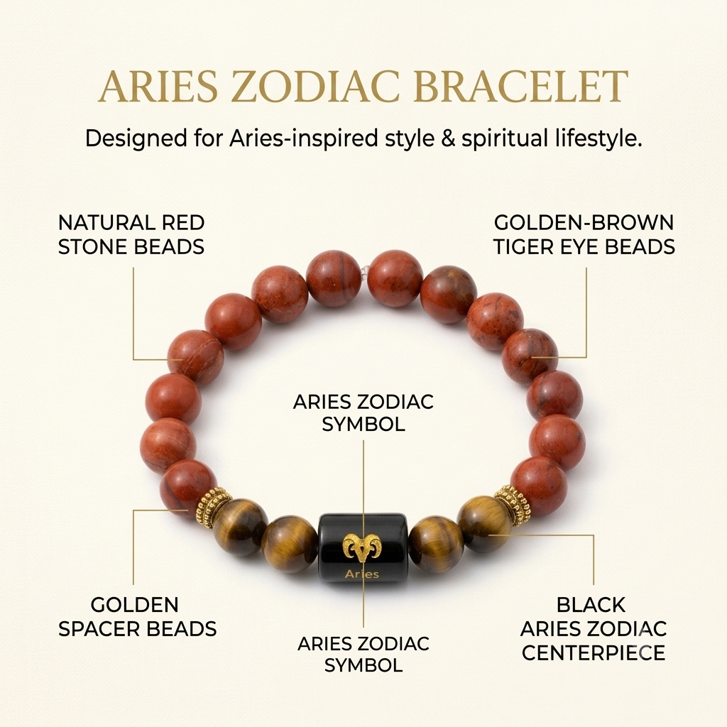 Aries Zodiac Red Jasper & Tiger Eye Bracelet - Gemoline - image 4