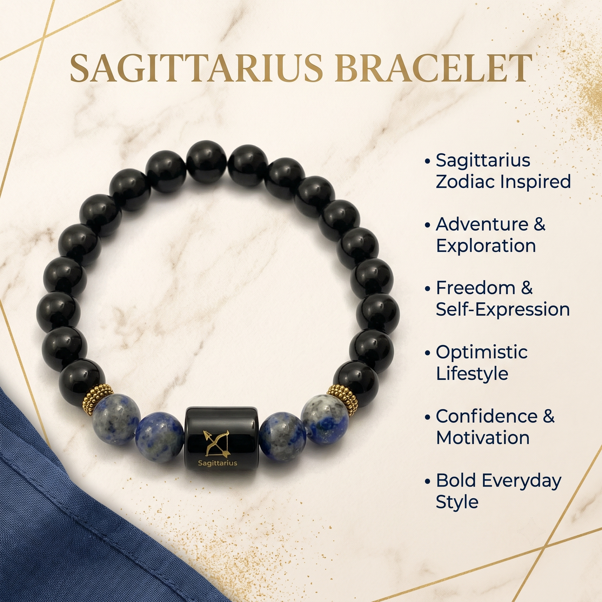 Sagittarius Zodiac Black Obsidian & Lapis Lazuli Bracelet - Gemoline - image 2