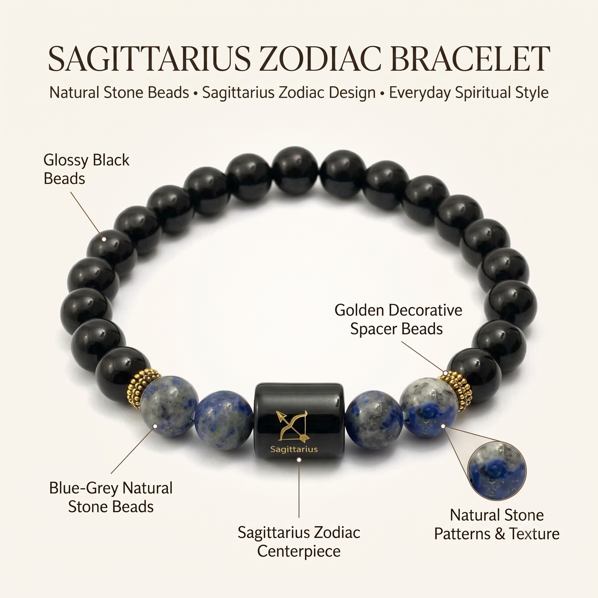 Sagittarius Zodiac Black Obsidian & Lapis Lazuli Bracelet - Gemoline - image 4
