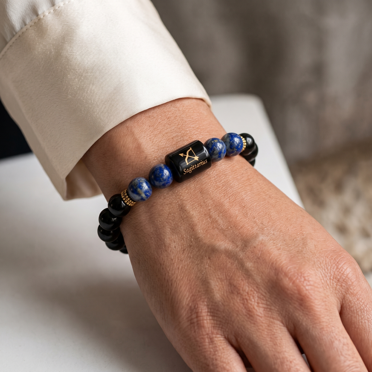 Sagittarius Zodiac Black Obsidian & Lapis Lazuli Bracelet - Gemoline - image 3