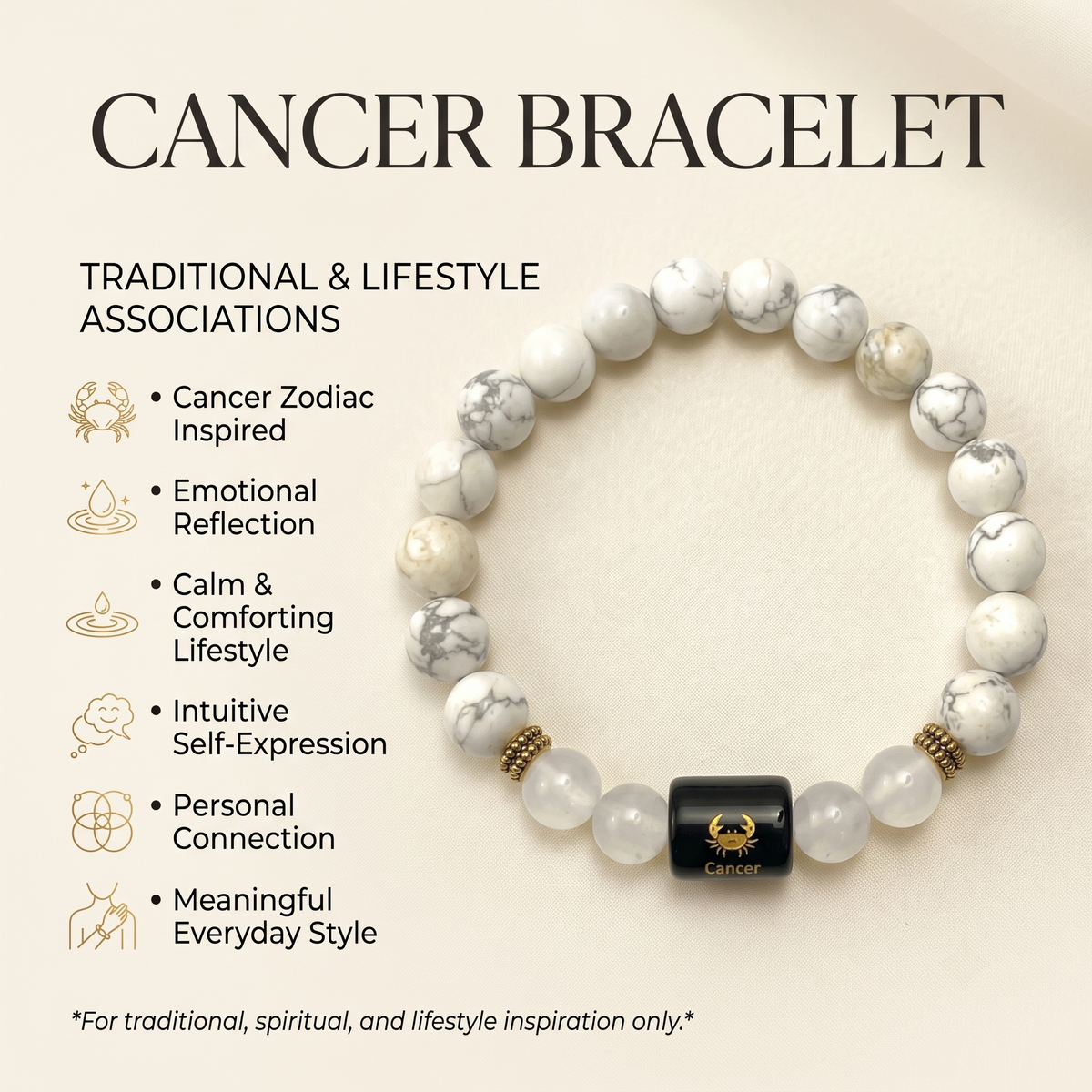 Cancer Zodiac Howlite & Clear Quartz Bracelet - Gemoline - image 2