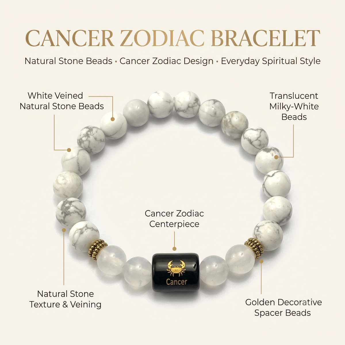Cancer Zodiac Howlite & Clear Quartz Bracelet - Gemoline - image 4