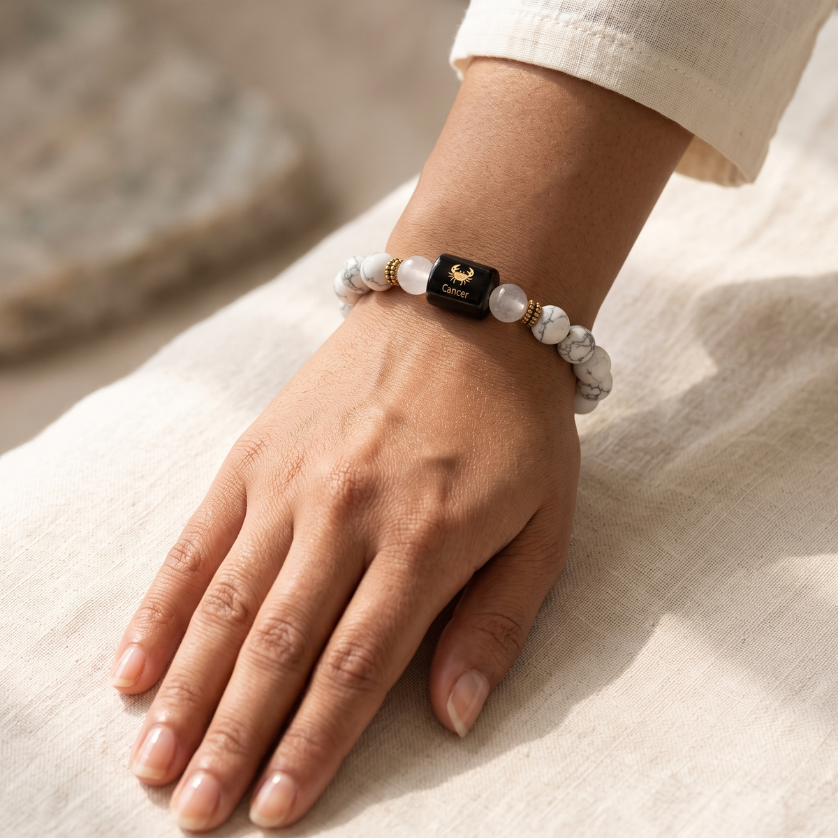 Cancer Zodiac Howlite & Clear Quartz Bracelet - Gemoline - image 3
