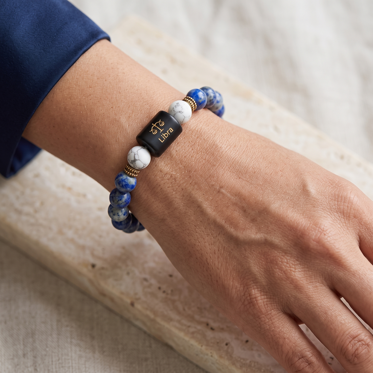 Libra Zodiac Lapis Lazuli & Howlite Bracelet - Gemoline - image 3
