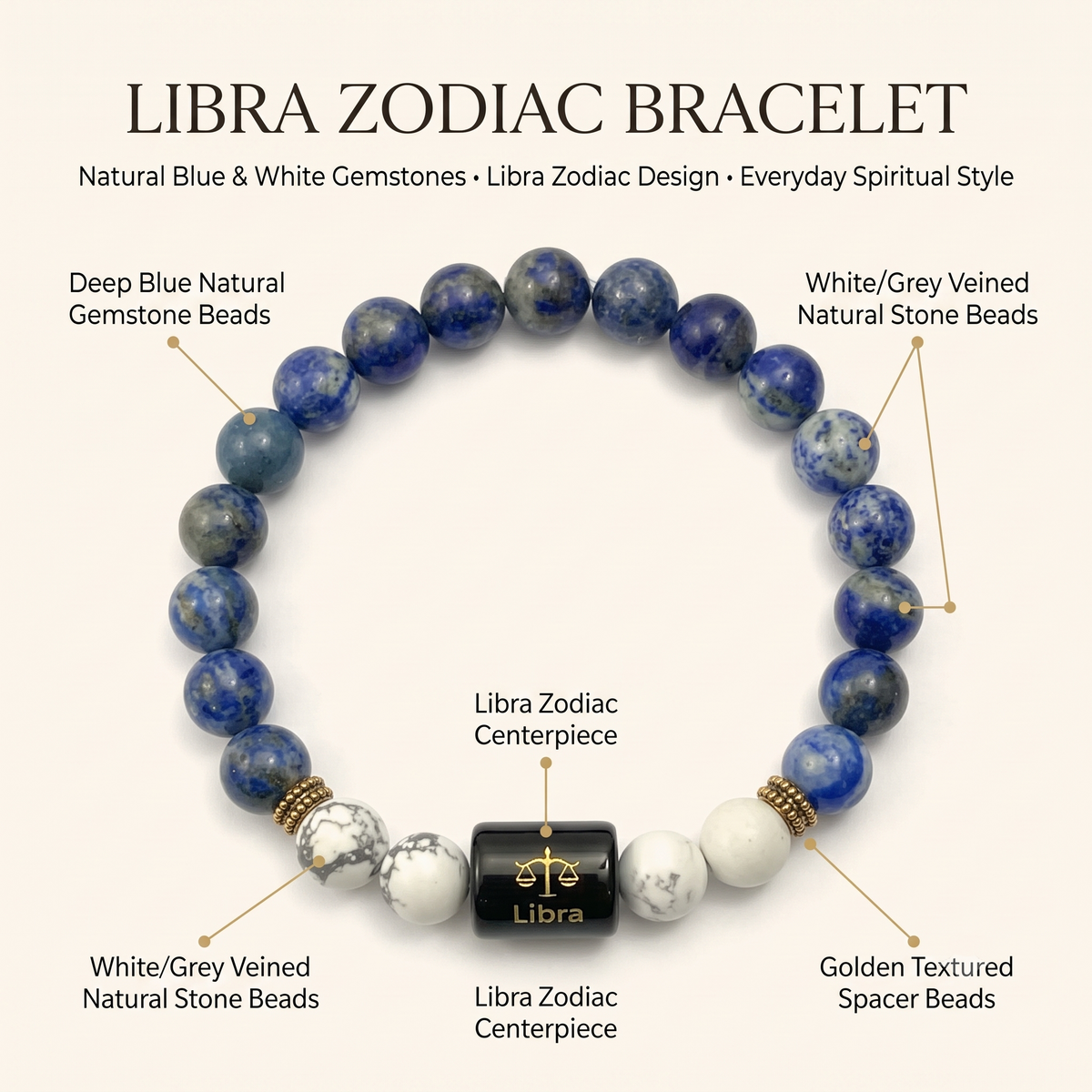 Libra Zodiac Lapis Lazuli & Howlite Bracelet - Gemoline - image 4