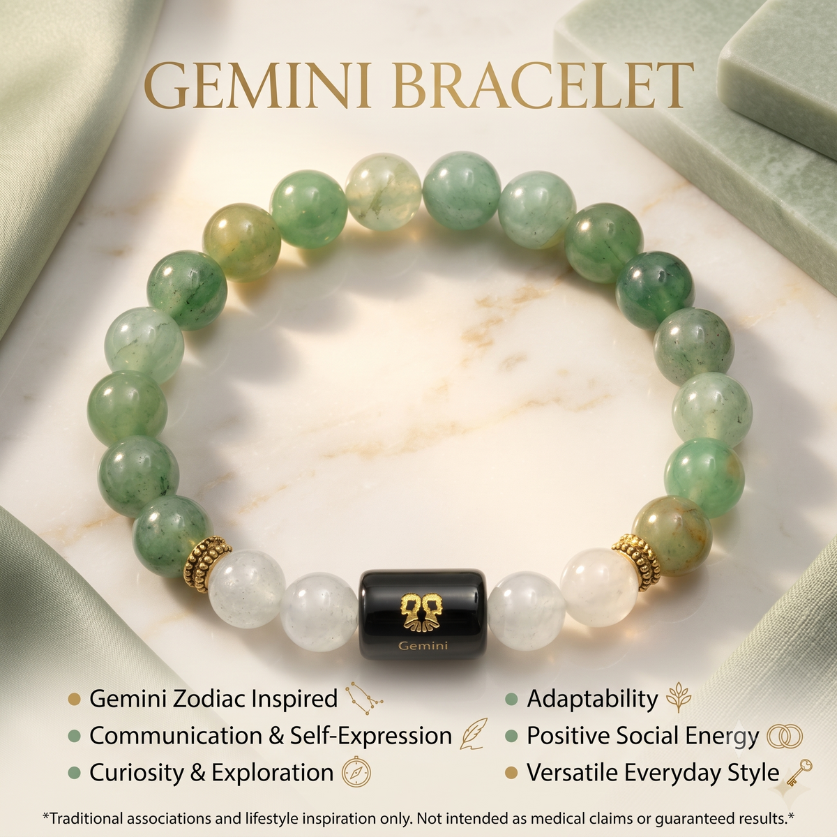 Gemini Zodiac Green Aventurine & Clear Quartz Bracelet - Gemoline - image 4