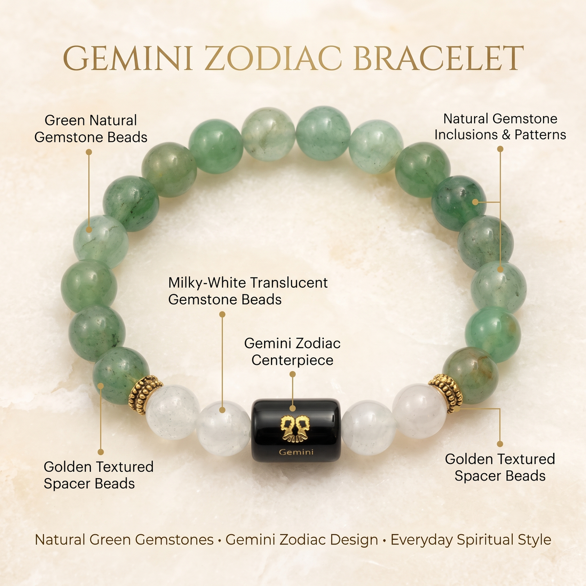 Gemini Zodiac Green Aventurine & Clear Quartz Bracelet - Gemoline - image 2